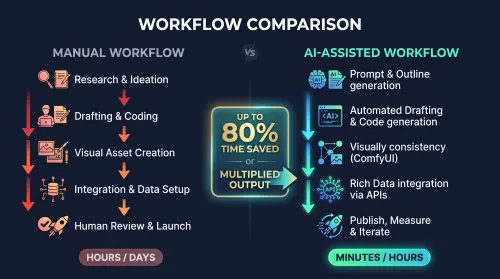 Comparison of manual versus AI-assisted web development workflow Caption: AI compresses iteration cycles from days to hours.