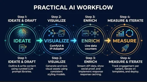 Four-step AI content workflow: ideation, visual generation, API enrichment, measurement